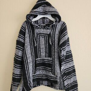 Vel-Mex Mexican Baja Poncho Surfer Blanket Hoodie Rasta Youth L Black White